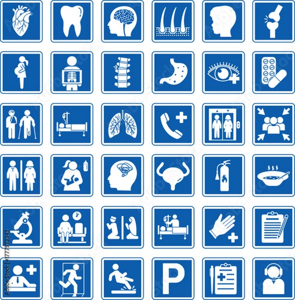 Obraz Blue Hospital Signs. Vector Icons: Cardiology, Dentistry, Neurology, Dermatology, Urology, Pediatrics, Ophthalmology, Gynecology, Orthopedics, Psychiatry, Traumatology, Ambulance, and Others