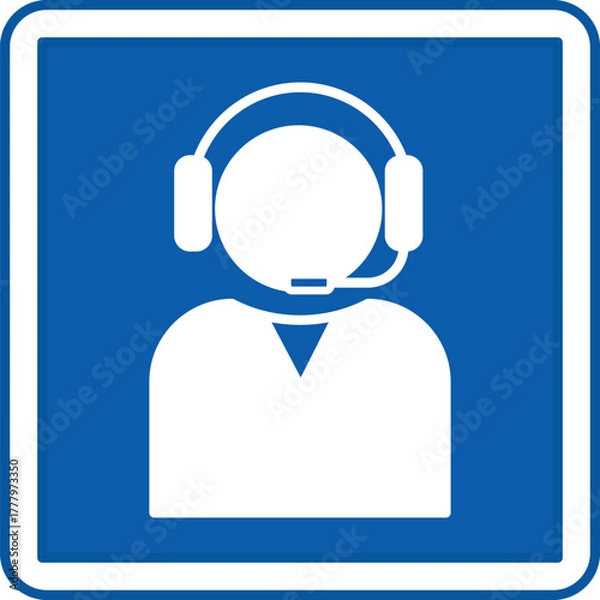 Obraz Blue Information Sign. Vector Icon. Person with Headphones and Microphone. Help Desk, Hotline, Patient Assistance. Hospital Department Sign