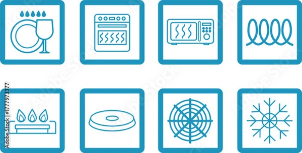 Obraz Colored Cookware Signs. Kitchenware Labels. Safe for: Dishwasher, Oven, Microwave, Induction, Gas, Electric, Ceramic, and Freezer