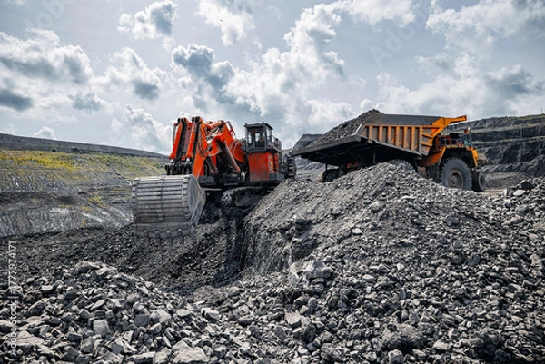 Fototapeta Red excavator loads black coal into back of yellow heavy mining dump truck. Open pit mine process, industry landscape.