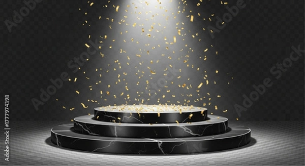Obraz A captivating spotlight shines down upon a sleek, multi-tiered marble podium as shimmering confetti descends, a perfect visual for celebratory occasions. vector illustration