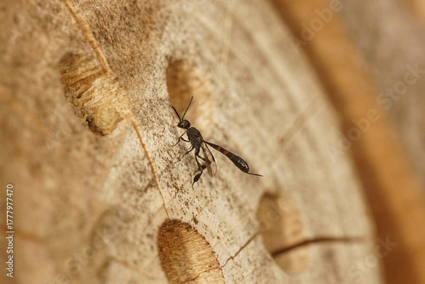 Fototapeta Closeup on a parasitic Gasteruption wasp species, inspecting the nest of Mason bees in the garden