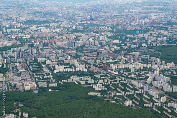 Fototapeta Trade Union Street and the Moscow districts of Teply Stan and Konkovo from a bird's-eye view.
