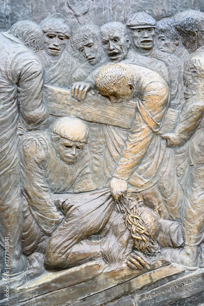 Obraz Station IX: Jesus falls for the third time. The Way of the Cross on Mount Križevac (the Cross Mountain) in Medjugorje.