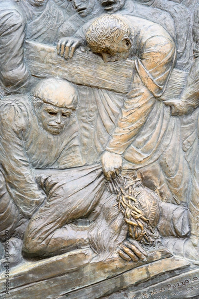 Obraz Station IX: Jesus falls for the third time. The Way of the Cross on Mount Križevac (the Cross Mountain) in Medjugorje.