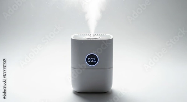 Obraz Modern white humidifier emitting steam on grey background  