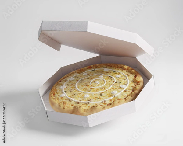 Fototapeta Caixa de pizza branca, com pizza dentro flutuando no cenário branco