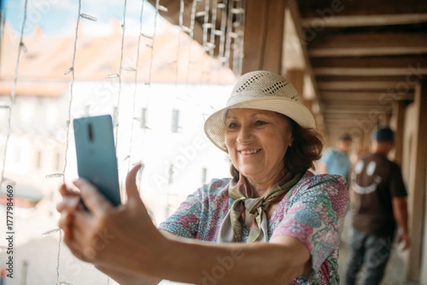 Fototapeta An elderly, contented woman walks with a guide through the park next to an ancient castle. A pensioner inspects the historical architecture and takes pictures on her phone.