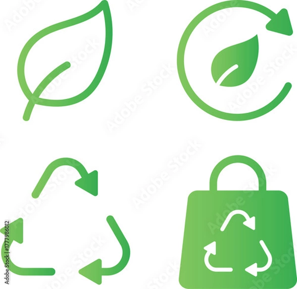 Fototapeta Collection of green eco-friendly and sustainability icons. Clean environment, nature, and renewable energy symbols including leaf, recycle, and earth icons. Modern minimal vector illustration
