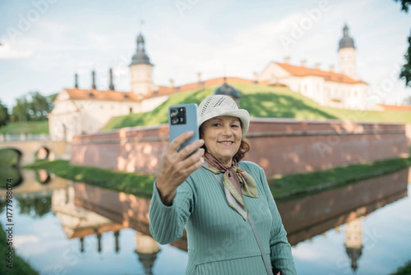 Fototapeta An elderly, contented woman takes a guided tour of the park near the ancient castle. The pensioner examines the historical architecture and takes a selfie with her phone.