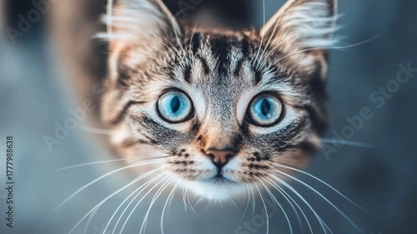 Fototapeta Charming Tabby Cat Portrait with Striking Blue Eyes, Exuding Innocence on a Soft Gray Background
