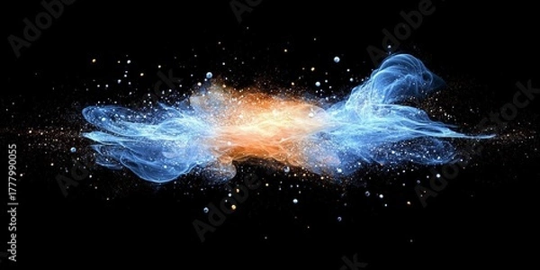 Fototapeta Abstract Digital Explosion with Vibrant Blue and Orange Energy Particles on a Deep Black Background