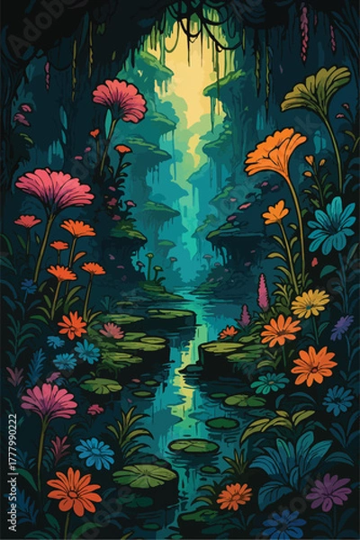 Fototapeta Ethereal Overgrown Cliffs and Colorful Flowers
