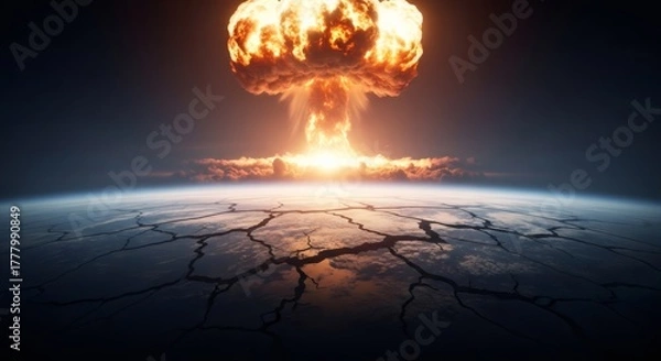 Obraz Nuclear explosion over a cracked Earth viewed from space. Apocalyptic mushroom cloud causing global destruction. End of the world and cataclysm concept.