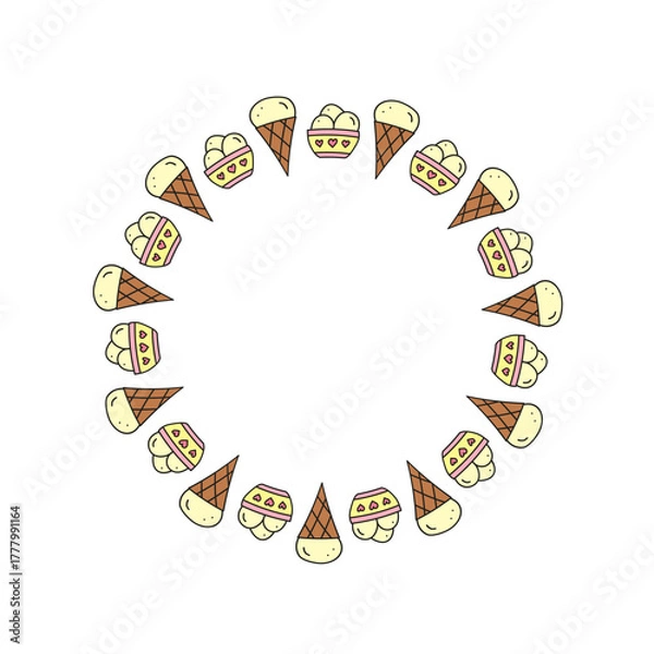 Fototapeta Cute round frame with doodle ice cream balls and cones isolated on white background.
