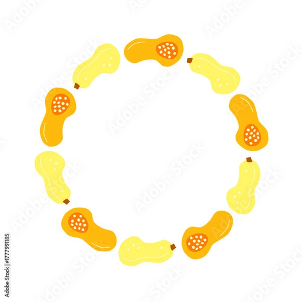 Fototapeta Round wreath with cute flat butternut squash isolated on white background. Seasonal autumn circle frame.
