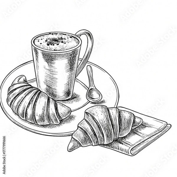 Fototapeta Enjoy a delightful morning with freshly baked croissants and creamy latte, a perfect start to your day, originally vector art