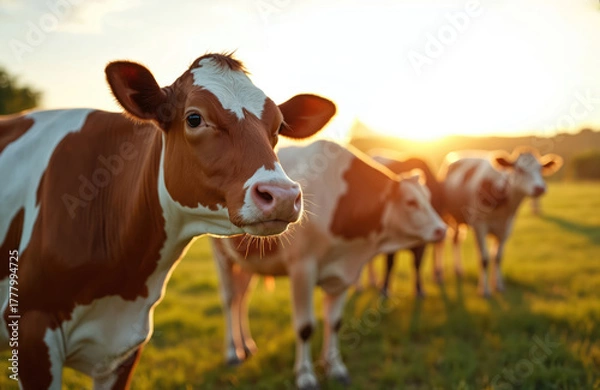 Obraz Spotted cow close up looks at camera on sunny pasture. Herd of cattle graze green grass on meadow at beautiful sunset. Farm animals in countryside. Organic dairy farming, sustainable livestock