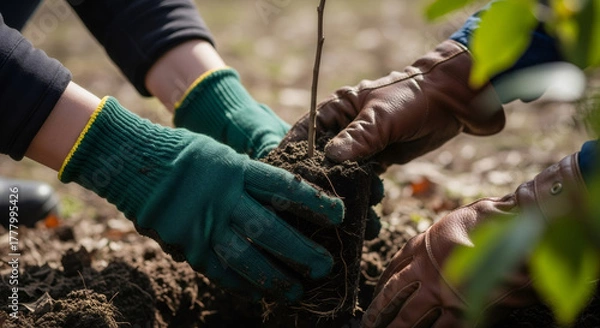 Obraz Woman and man planting tree seedling with gloved hands. International Volunteer Day concept of environmental conservation and sustainable living.