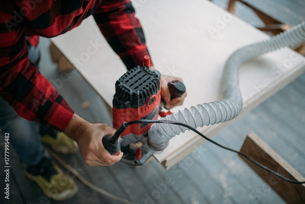 Fototapeta A young man is working with a milling cutter on the veranda of a house. Close-up of hands holding the machine. The carpenter is chamfering plywood using the milling machine.