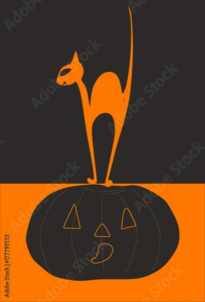Fototapeta Black cat vampire and pumpkin for halloween on a black and orange background. Vector.