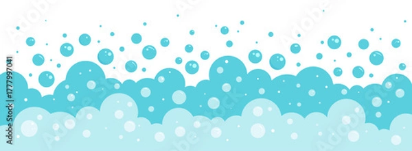Obraz Foam bubble background. Soap water pattern, cartoon bath or soda. Laundry border, fizz or wash frame. Abstract carbonated, blue suds splash, underwater or sea liquid. Hygiene bg. Vector illustration