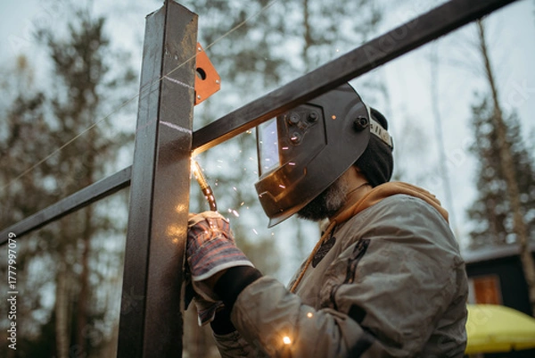 Fototapeta A young man is working as a gas welder on the street. A man wearing a protective mask is welding iron rungs to pillars. The worker, holding a welding machine, sparks fly around him.