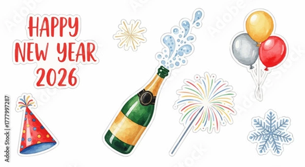 Fototapeta Festive New Year 2026 elements with champagne, balloons, and fireworks isolated on white background. 