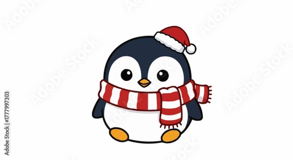 Fototapeta Cartoon penguin wearing a Santa hat and red striped scarf  isolated on white background.