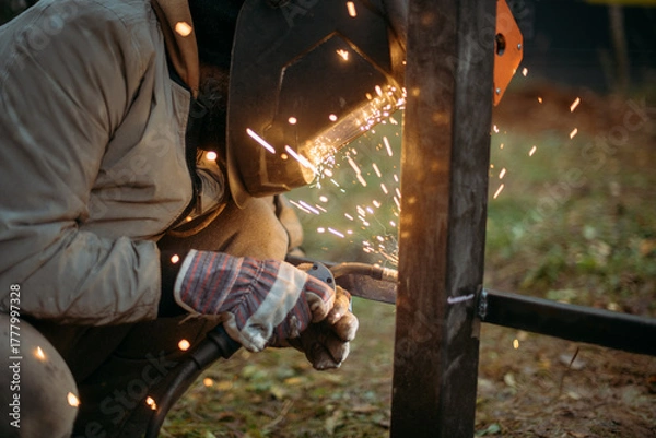 Fototapeta A young man is working as a gas welder on the street. A man wearing a protective mask is welding iron rungs to pillars. The worker, holding a welding machine, sparks fly around him.