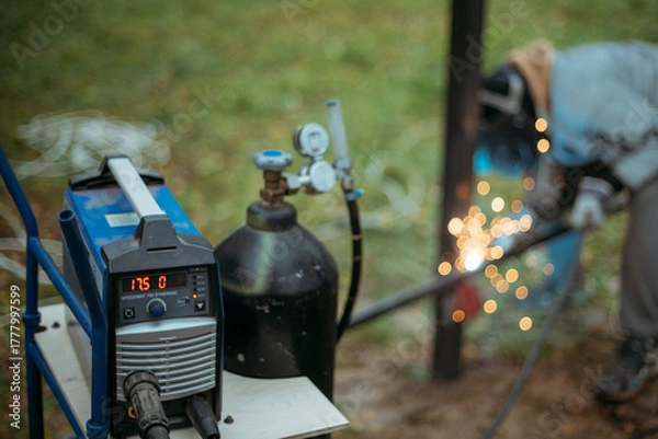 Fototapeta A young man is working as a gas welder on the street. A man wearing a protective mask is welding iron rungs to pillars. The worker, holding a welding machine, sparks fly around him.
