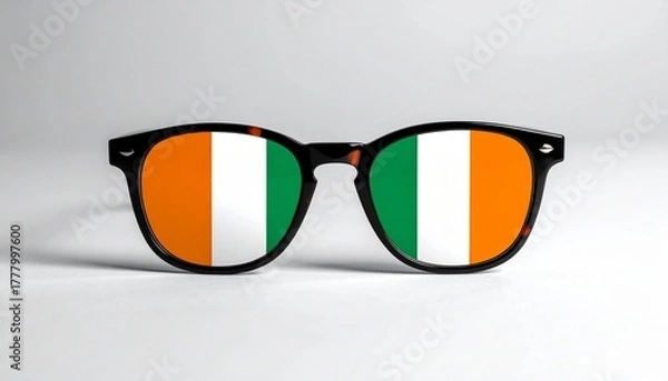 Fototapeta Black-framed sunglasses with lenses displaying the Irish flag—green, white, and orange vertical stripes—set against a light gray background.