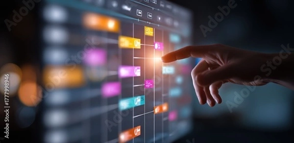 Obraz Finger touching glowing interface elements on a dark screen.