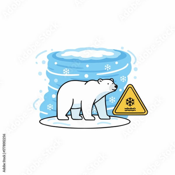 Fototapeta Polar bear on ice floe with melting warning sign and snowy background scene