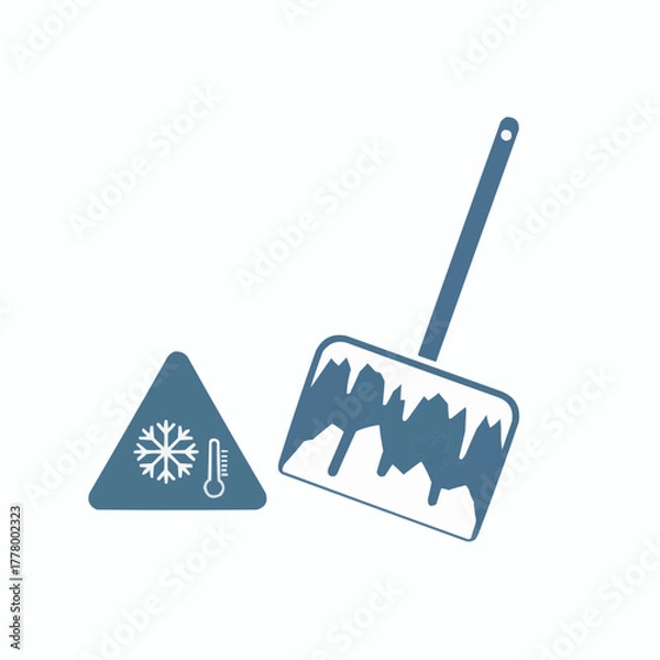 Fototapeta Illustration of a snow shovel with icicles and a cold weather warning sign