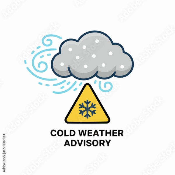 Fototapeta Cartoon depiction of a cold weather advisory with cloud and snowflake sign