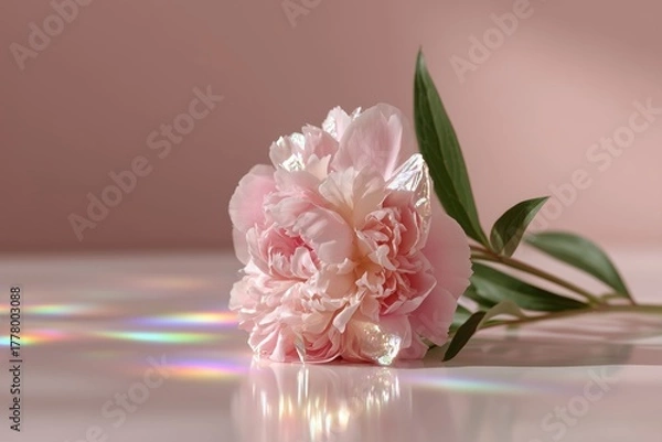 Fototapeta Beautiful pink peony flower with delicate petals and green leaves, resting on a reflective surface, creating a serene and elegant atmosphere with soft lighting