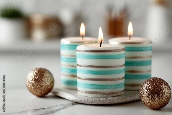 Fototapeta Elegant Hanukkah greeting background featuring stylish blue candles and shimmering ornaments, creating a warm and festive atmosphere for celebrations