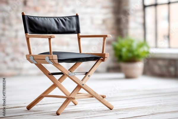 Fototapeta Director's chair positioned in a bright studio setting with soft lighting, showcasing a creative workspace atmosphere for filmmaking and production