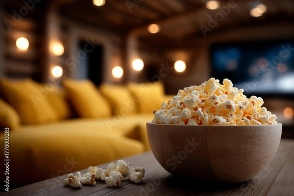 Fototapeta Cozy home cinema setup featuring a bowl of popcorn and a modern sofa, creating an inviting atmosphere for movie nights and relaxation
