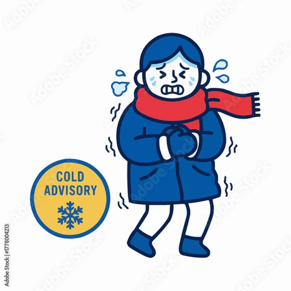 Fototapeta Person shivering in cold weather with cold advisory sign and winter clothing