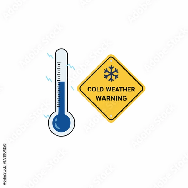 Fototapeta Illustration of a thermometer and a cold weather warning sign graphic