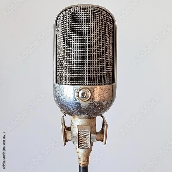 Obraz Black Condenser Microphone with Metallic Grill on White Background – Professional Studio Mic, Podcast Equipment, Audio Recording Gear, Music Production Concept