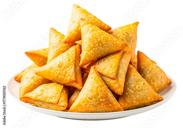 Fototapeta Pile of crispy samosas isolated on transparent background served on a plate