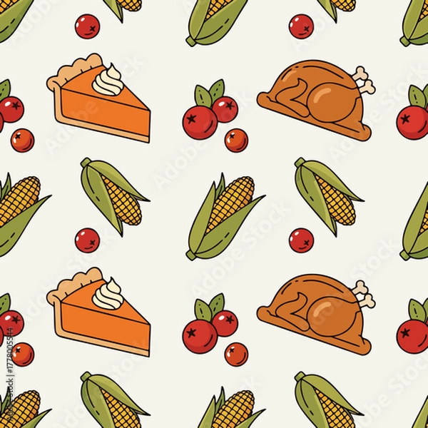 Obraz Thanksgiving Feast Seamless Pattern: Pumpkin Pie, Roasted Turkey, Corn, and Cranberries