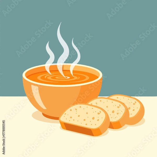 Fototapeta Steaming Orange Soup with Sliced Bread in Retro Flat Design