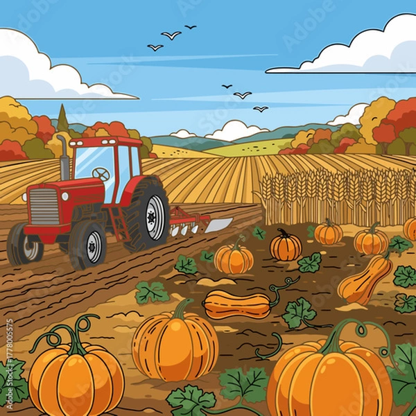 Fototapeta Autumn Harvest Scene: Tractor Plowing Field with Pumpkins and Golden Crops