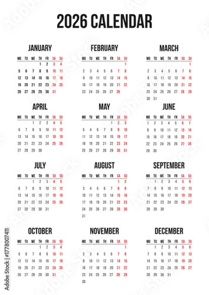 Fototapeta Classic English 2026 year calendar grid template single vertical page of 12 month. Layout planner for the year. Week start on Monday