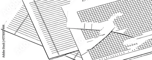 Fototapeta  Black and White Grid, Stripes, and Paper Fragments for Design, Tech, and Editorial striped patterns, and torn paper textures.