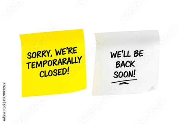 Fototapeta Two sticky notes with temporary closure messages isolated on transparent background
